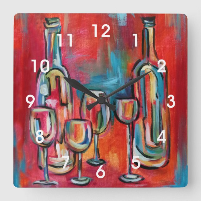 Reloj Cuadrado Pintura moderna de las botellas y de los vidrios (Anverso)