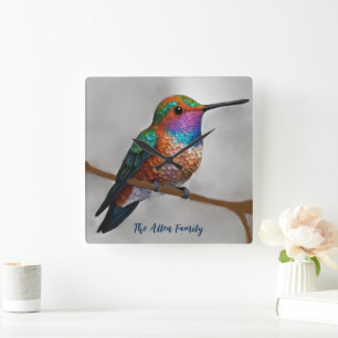 Reloj Cuadrado Pintura vibrante del colibrí de Allen
