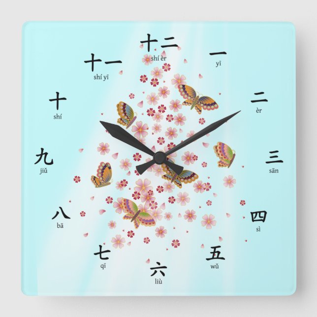 Reloj Cuadrado Pinyin Phonetics números chinos de mariposa (Anverso)