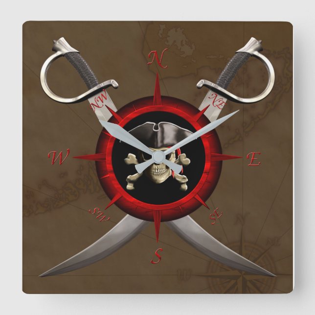 Reloj Cuadrado Pirate Skull Compass Rose (Anverso)