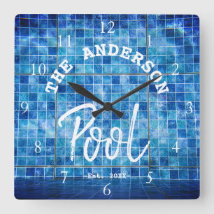Reloj Cuadrado Piscina de baldosas azules frescas Nombre de la fa