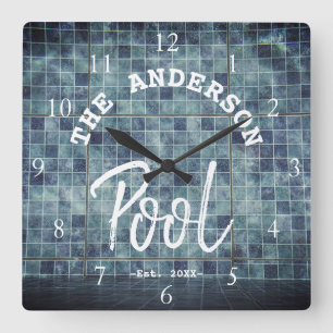 Reloj Cuadrado Piscina de baldosas azules frescas Nombre de la fa
