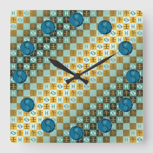 Reloj Cuadrado Piscis & Caballo de Agua (Anverso)