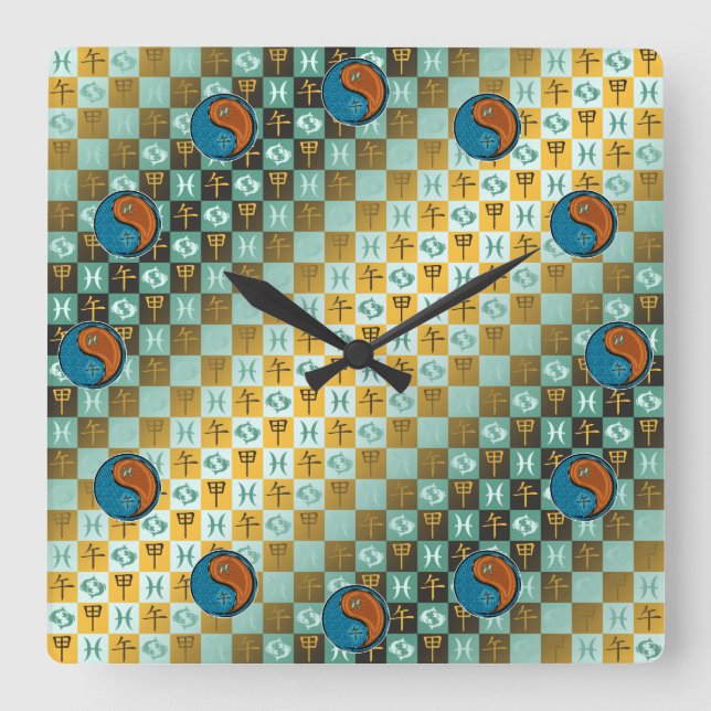 Reloj Cuadrado Piscis & Caballo de Madera (Anverso)