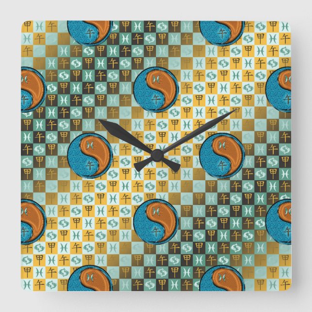 Reloj Cuadrado Piscis & Caballo de Madera (Anverso)