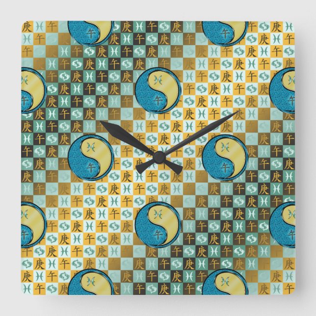 Reloj Cuadrado Piscis & Caballo de Metal (Anverso)
