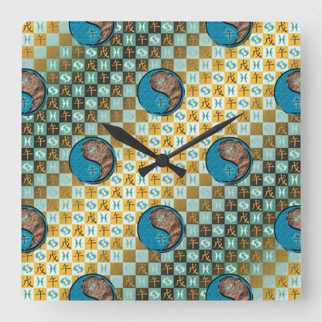Reloj Cuadrado Piscis & Caballo de Tierra (Anverso)