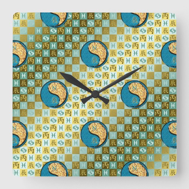 Reloj Cuadrado Piscis & Dragón de Fuego (Anverso)