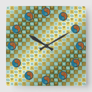 Reloj Cuadrado Piscis & Dragón de Madera