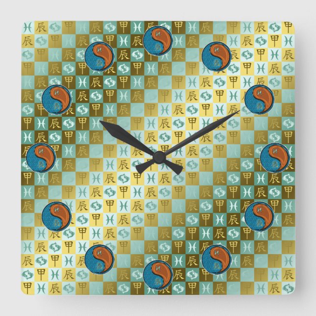 Reloj Cuadrado Piscis & Dragón de Madera (Anverso)