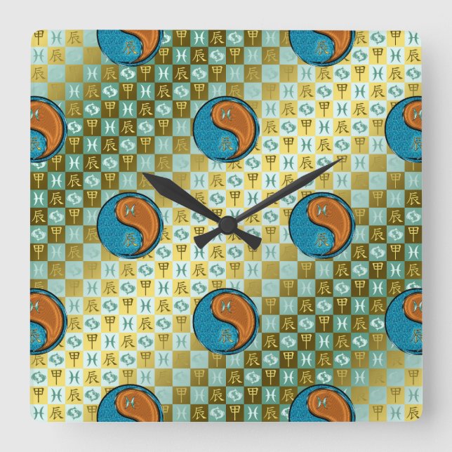 Reloj Cuadrado Piscis & Dragón de Madera (Anverso)