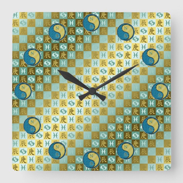Reloj Cuadrado Piscis & Dragón de Metal (Anverso)