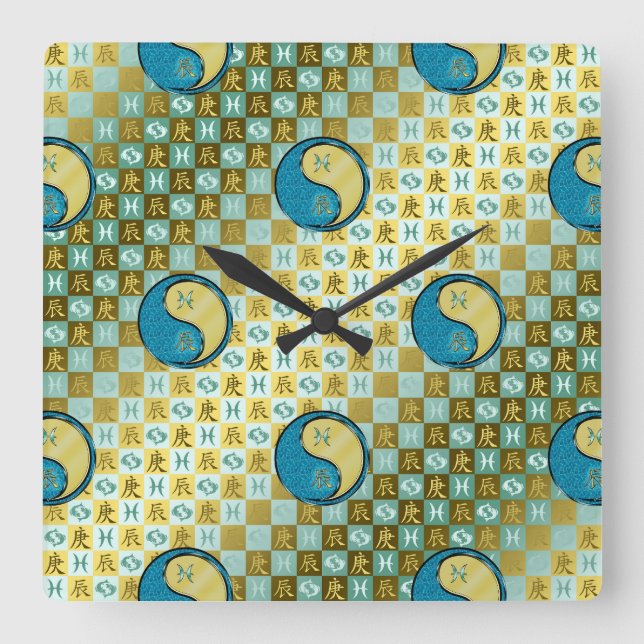 Reloj Cuadrado Piscis & Dragón de Metal (Anverso)