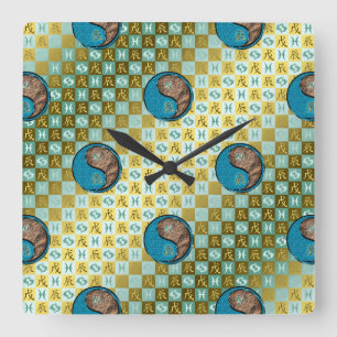 Reloj Cuadrado Piscis & Dragón de Tierra