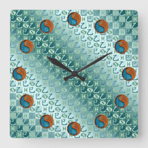 Reloj Cuadrado Piscis & Serpiente de Madera