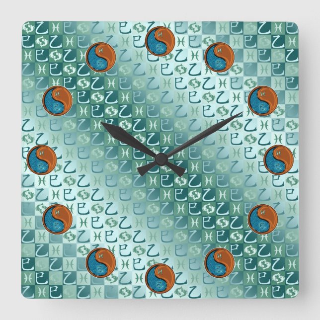 Reloj Cuadrado Piscis & Serpiente de Madera (Anverso)