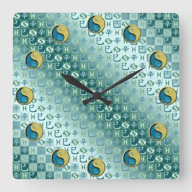 Reloj Cuadrado Piscis & Serpiente de Metal (Anverso)