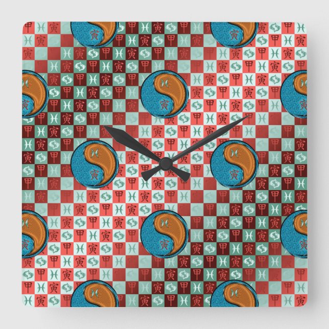 Reloj Cuadrado Piscis & Tigre de Madera (Anverso)