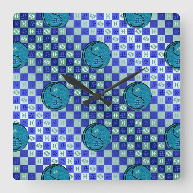 Reloj Cuadrado Piscis y Buey de Agua (Anverso)