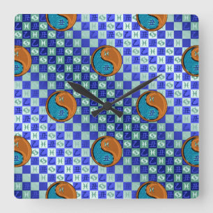 Reloj Cuadrado Piscis y Buey de Madera