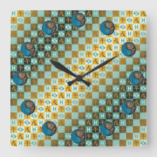Reloj Cuadrado Piscis y Caballo de Tierra