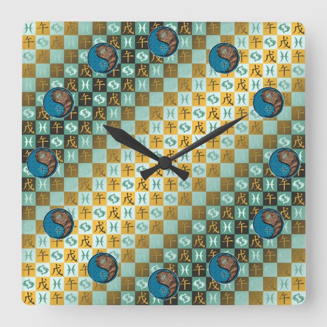 Reloj Cuadrado Piscis y Caballo de Tierra (Anverso)