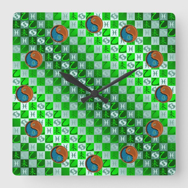Reloj Cuadrado Piscis y Cabra de Madera (Anverso)