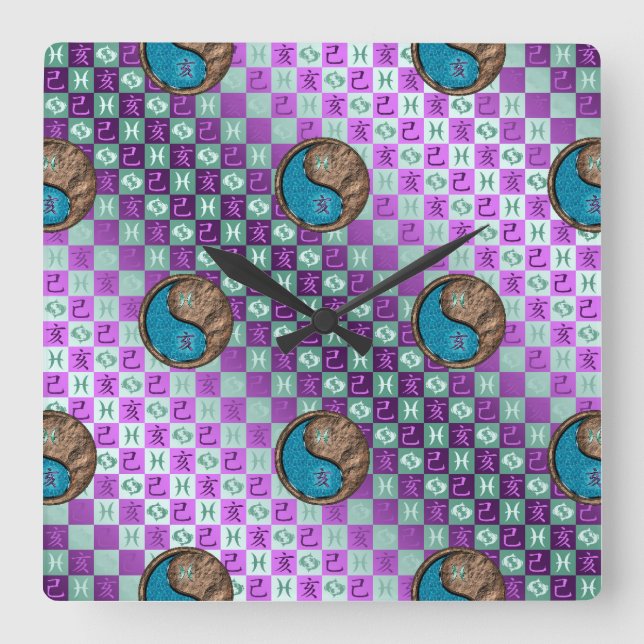 Reloj Cuadrado Piscis y Cerdo de Tierra (Anverso)