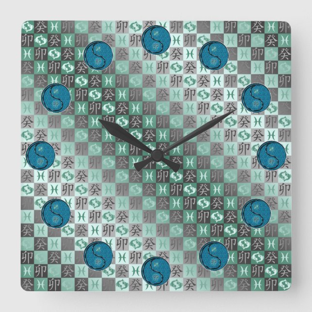 Reloj Cuadrado Piscis y Conejo de Agua (Anverso)