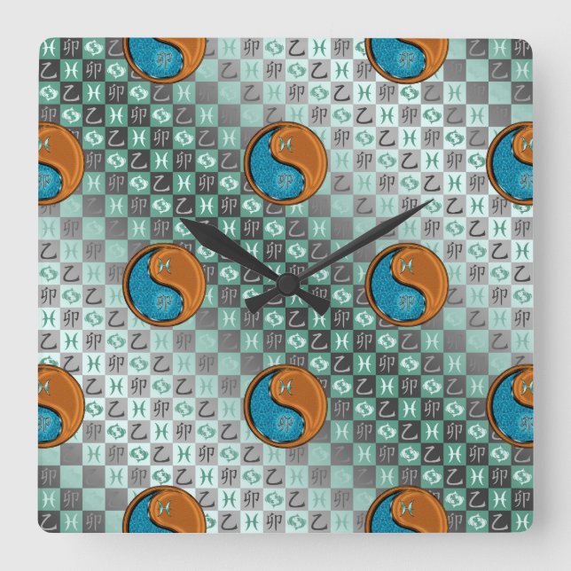 Reloj Cuadrado Piscis y Conejo de Madera (Anverso)