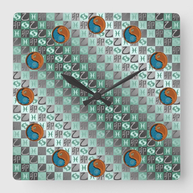 Reloj Cuadrado Piscis y Conejo de Madera (Anverso)