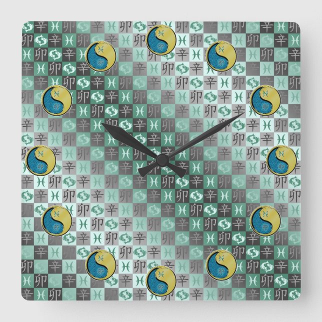 Reloj Cuadrado Piscis y Conejo de Metal (Anverso)