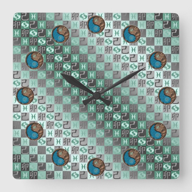 Reloj Cuadrado Piscis y Conejo de Tierra (Anverso)