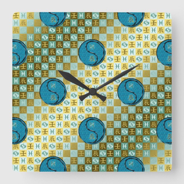 Reloj Cuadrado Piscis y Dragón de Agua (Anverso)