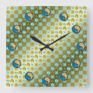 Reloj Cuadrado Piscis y Dragón de Fuego