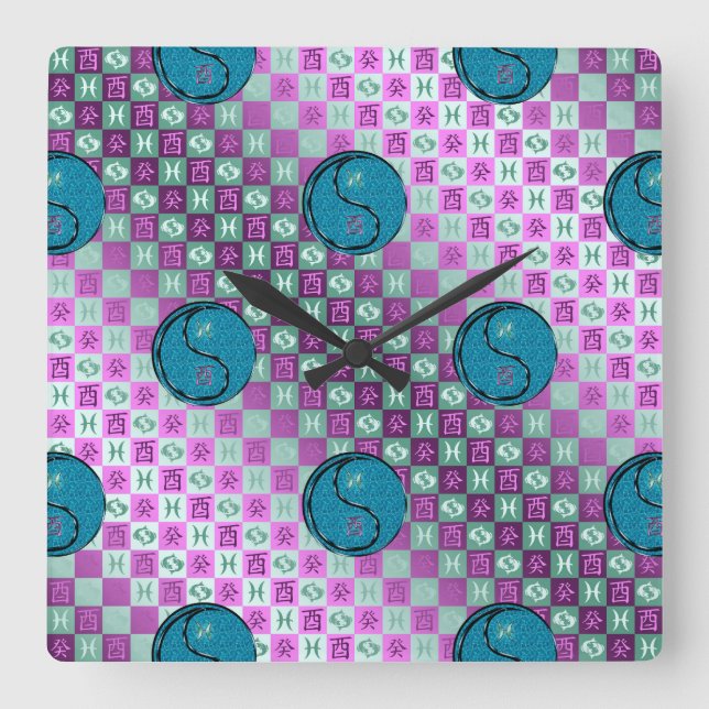 Reloj Cuadrado Piscis y Gallo de Agua (Anverso)