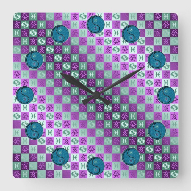 Reloj Cuadrado Piscis y Gallo de Agua (Anverso)