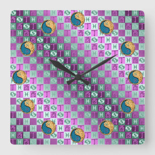Reloj Cuadrado Piscis y Gallo de Fuego
