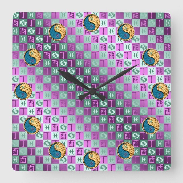 Reloj Cuadrado Piscis y Gallo de Fuego (Anverso)