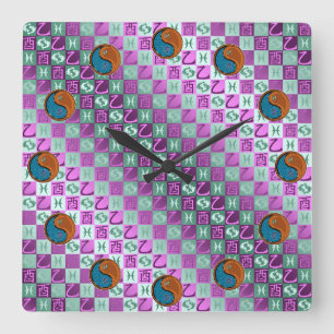 Reloj Cuadrado Piscis y Gallo de Madera