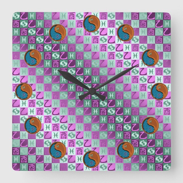 Reloj Cuadrado Piscis y Gallo de Madera (Anverso)
