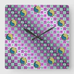 Reloj Cuadrado Piscis y Gallo de Metal