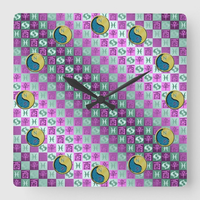 Reloj Cuadrado Piscis y Gallo de Metal (Anverso)