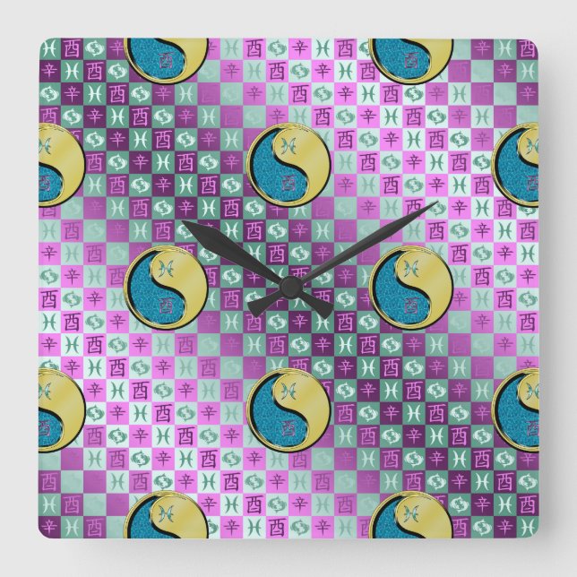 Reloj Cuadrado Piscis y Gallo de Metal (Anverso)