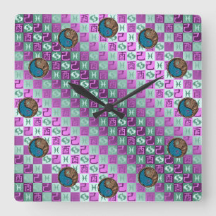 Reloj Cuadrado Piscis y Gallo de Tierra