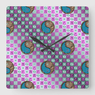 Reloj Cuadrado Piscis y Gallo de Tierra