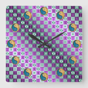 Reloj Cuadrado Piscis y Jabalí de Fuego