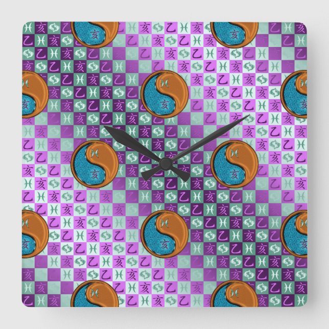 Reloj Cuadrado Piscis y Jabalí de Madera (Anverso)