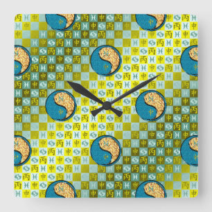 Reloj Cuadrado Piscis y Mono de Fuego
