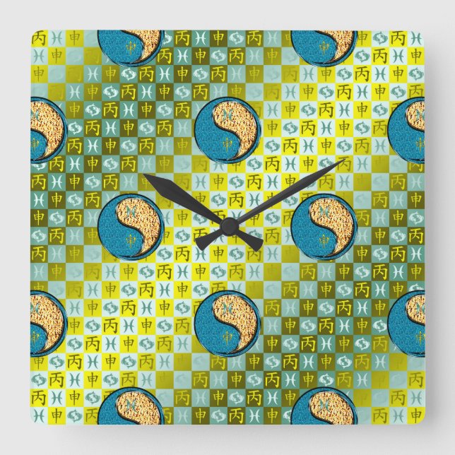 Reloj Cuadrado Piscis y Mono de Fuego (Anverso)
